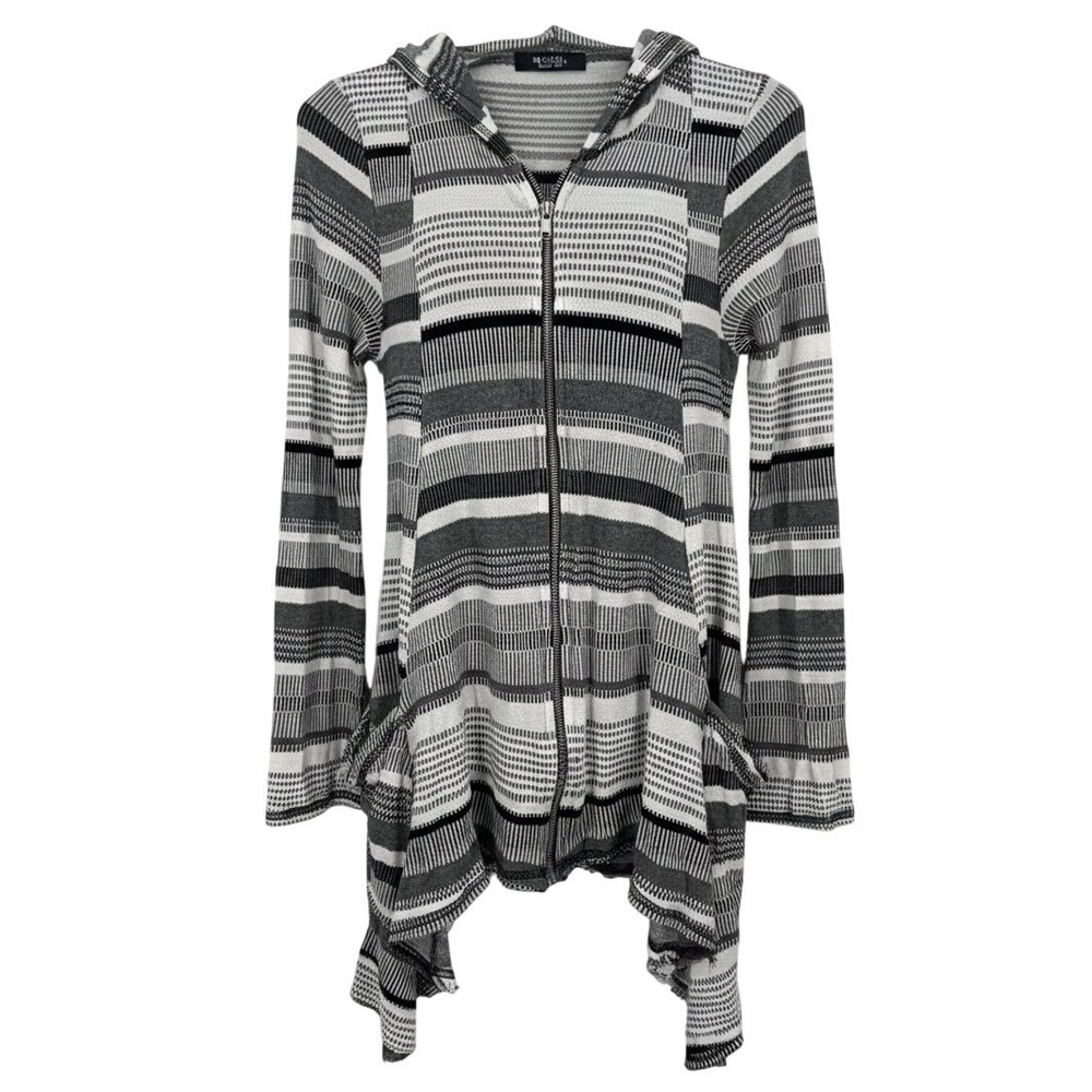 Michael Lauren Striped Zip Up Hoodie Sharkbite Hem XS/S Black White Grey USA